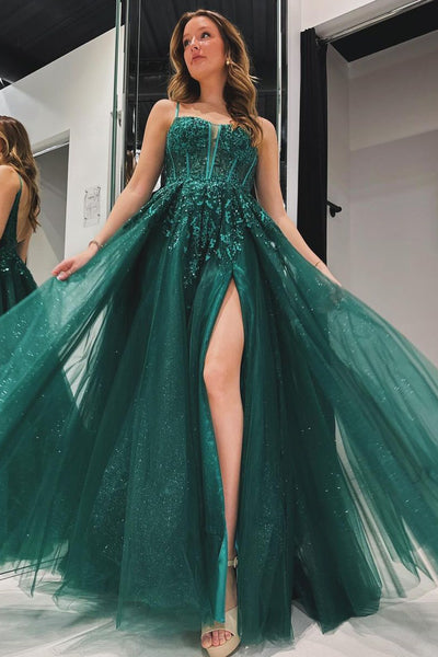 Elegant A Line Spaghetti Straps Green Tulle Prom Dress with Appliques AB4050601