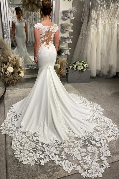 Stunning Mermaid Scoop Neck Satin Wedding Dress with Appliques AB26020610