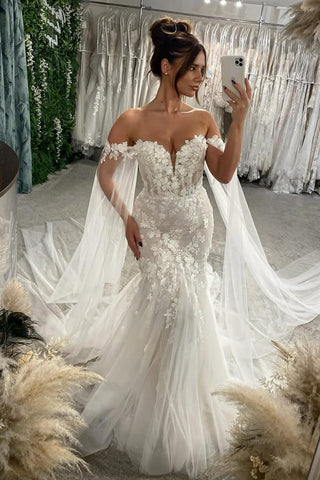Fairy Mermaid Off the Shoulder Lace Wedding Dress with Appliques AB25092517