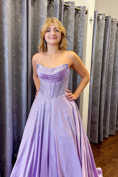 A-Line Strapless Pleats Lavender Hot Fix Satin Prom Dress with Beadings AB021505