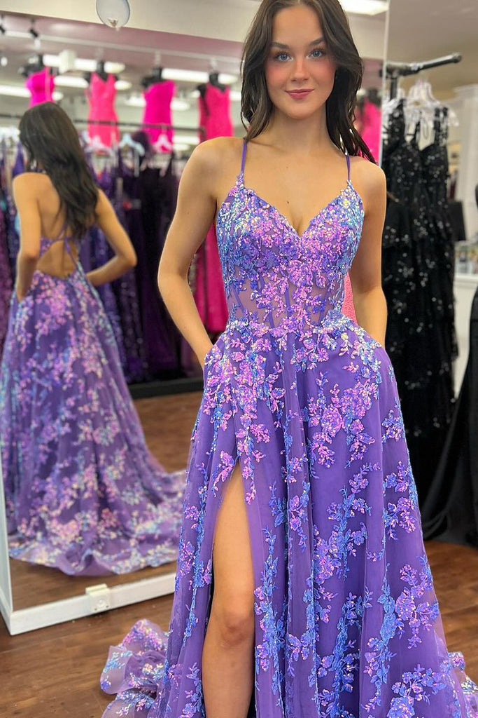Cute A Line V Neck Purple Sequins Lace Tulle Prom Dress AB4020104 Anniebride Cute A Line V Neck Purple Sequins Lace Tulle Prom Dress AB4020104 Anniebride