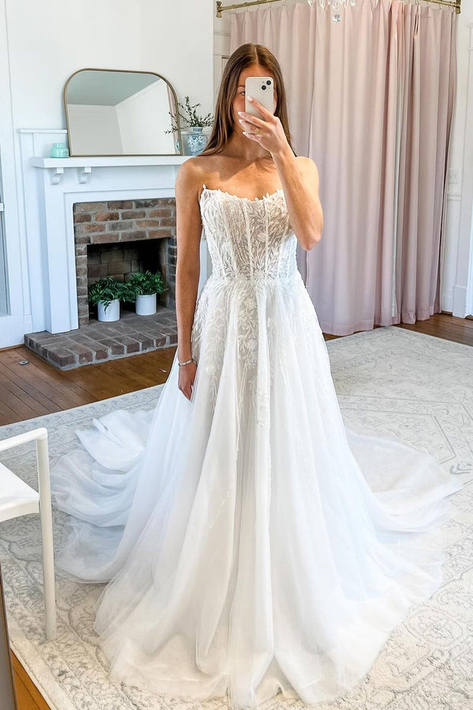 A-Line Strapless Tulle Lace Wedding Dresses with Train AB4052903 Anniebride A-Line Strapless Tulle Lace Wedding Dresses with Train AB4052903 Anniebride