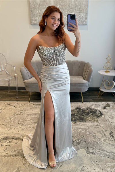 Charming Mermaid Sweetheart Silver Satin Prom Dress with Beading AB25112205