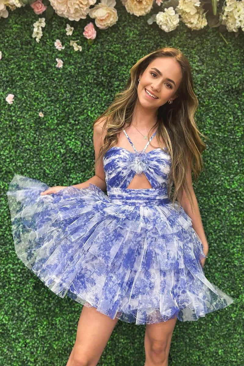 Pretty A-Line Halter Keyhole Tiered Short Homecoming Dresses AB4061803