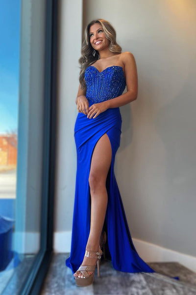 Charming Mermaid Sweetheart Royal Blue Satin Long Prom Dress with Beading AB120801