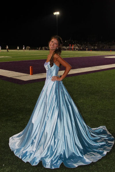 Gorgeous A Line Scoop Neck Light Blue Satin Long Prom Dress with Rhinestones AB25100705