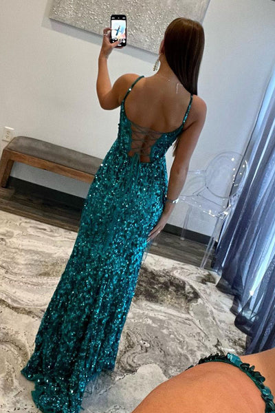 Charming Sheath V Neck Teal Sequins Long Prom Dress with Beading AB100602