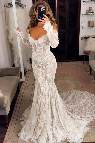 Luxurious Boho Mermaid Off the Shoulder Lace Wedding Dress with Long Sleeves AB26102709