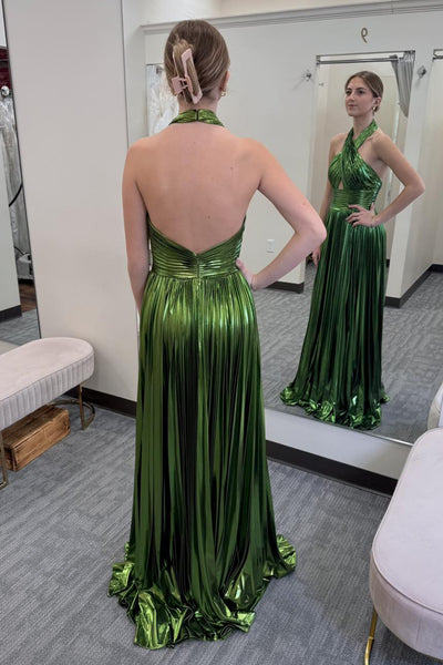 Cute A Line Halter Green Metal Satin Pleat Prom Dress AB26010602
