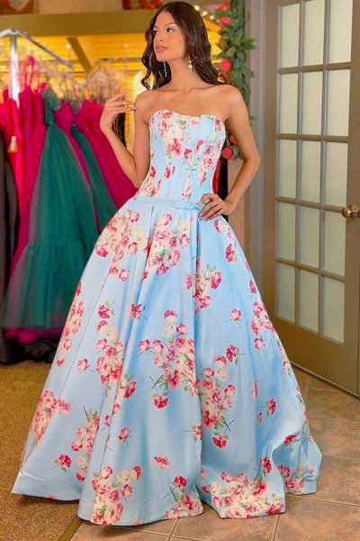 A Line Strapless Floral Satin Long Prom Dress with Pockets AB26102705