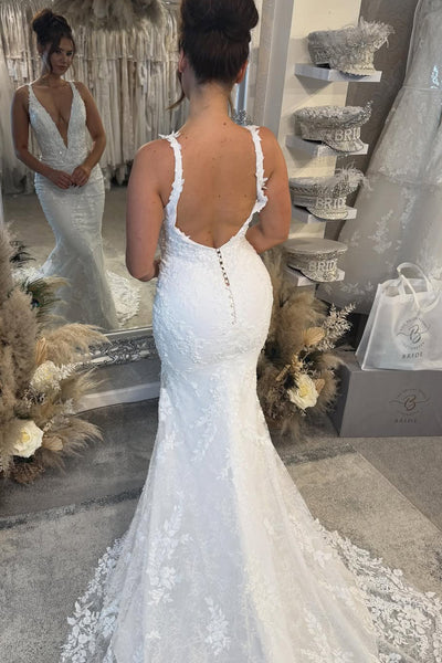 Mermaid V Neck Lace Satin Prom Dress with Appliques AB25111209