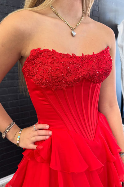 A Line Sweetheart Red Chiffon Tiered Prom Dress AB25101505