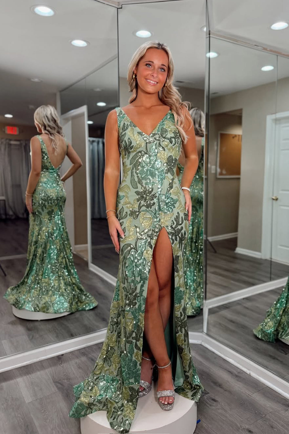 Sparkly Mermaid V Neck Sage Green Sequin Lace Long Prom Dress with Slit AB25112506