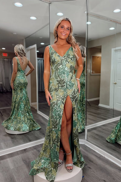 Sparkly Mermaid V Neck Sage Green Sequin Lace Long Prom Dress with Slit AB25112506