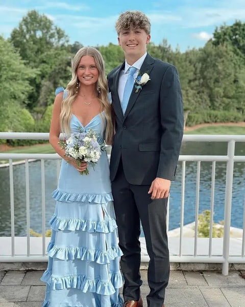 Cute A Line V Neck Blue Satin Tiered Prom Dress with Slit AB25020205