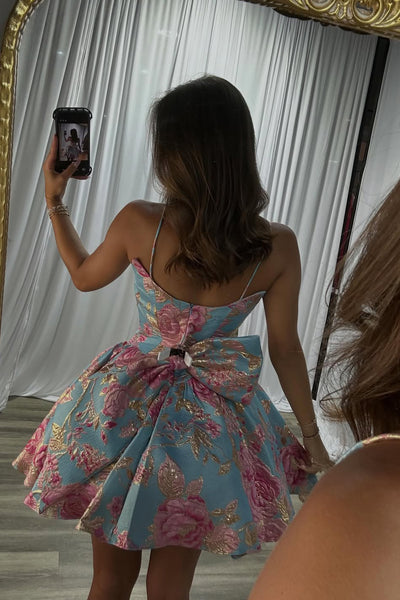 Cute A Line Spaghetti Straps Jacquard Satin Homecoming Dress AB26062813