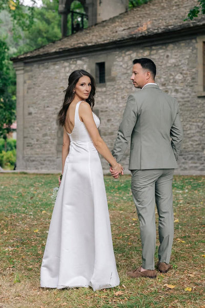 Sheath Square Neck White Satin Floor Length Wedding Dress AB25092310
