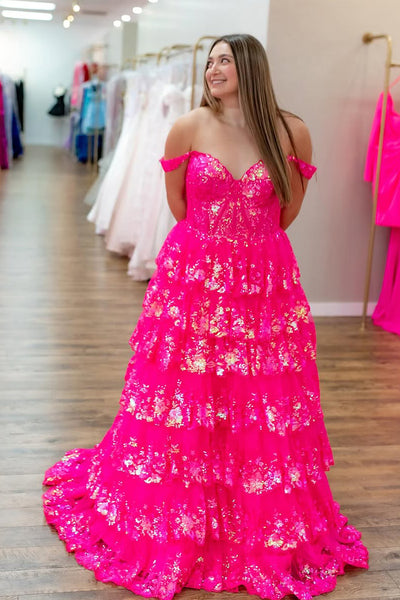 Ball Gown Off the Shoulder Hot Pink Sequins Long Prom Dress AB25010606