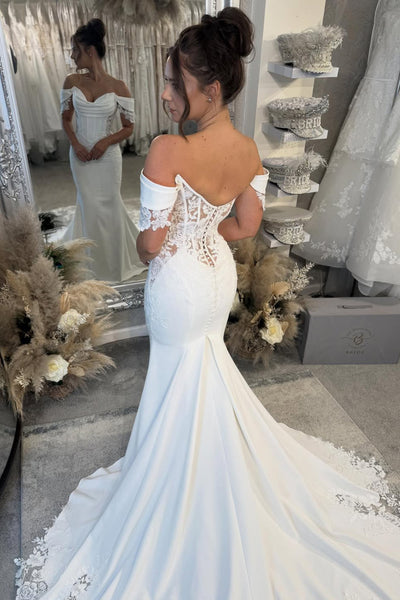 Elegant Mermaid Off the Shoulder Elastic Satin Wedding Dress with Appliques AB25112708