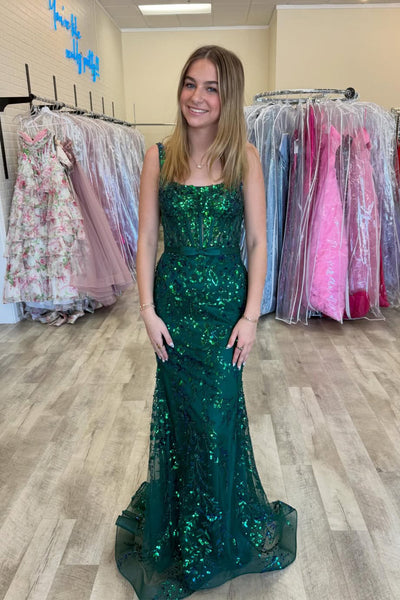 Sparkly Mermaid Square Neck Sequins Green Lace Prom Dress AB26040103