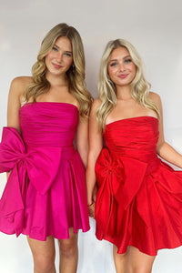 Cute A Line Strapless Red Satin Homecoming Dresses with Bow AB24072904