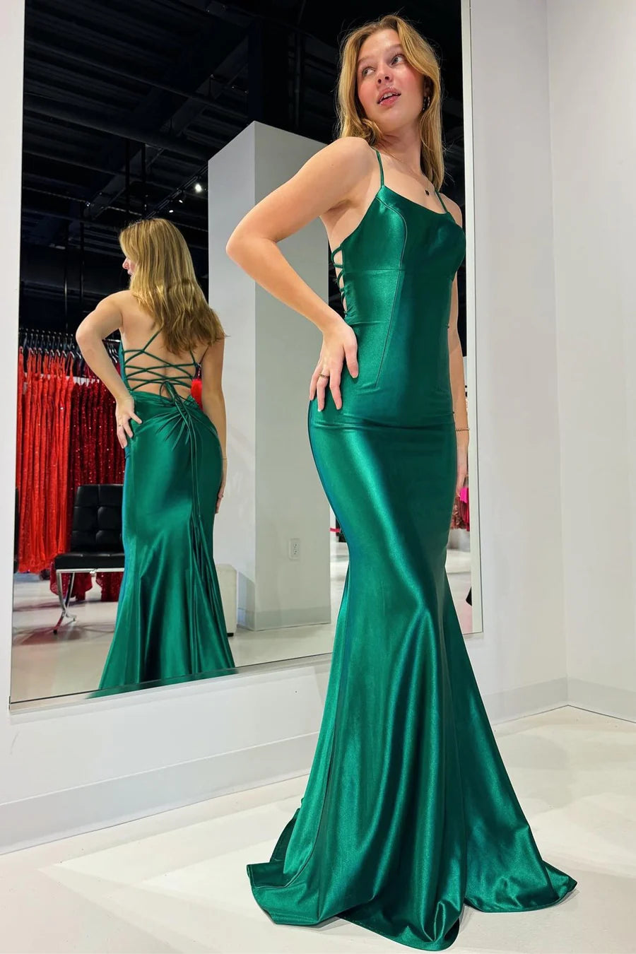 Cute Mermaid Scoop Neck Dark Green Stretch Satin Long Prom Dress AB25010403
