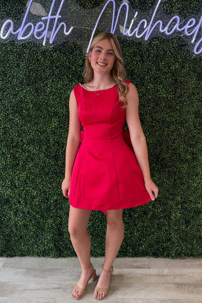 Cute A Line Round Neck Red Satin Short Homecoming Dress with Bow AB26062101
