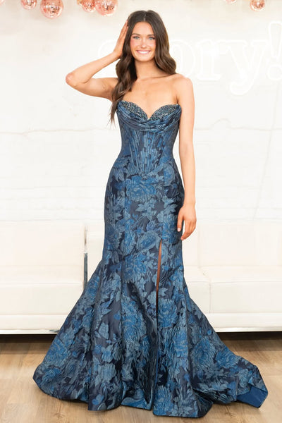 Fashion Mermaid Sweetheart Floral Jacquard Satin Prom Dress with Slit AB26020606