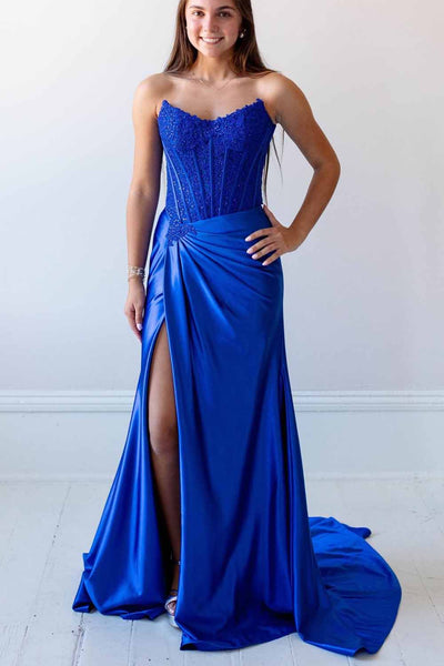 Mermaid Scoop Neck Royal Blue Satin Slit Prom Dress with Appliques AB26102911