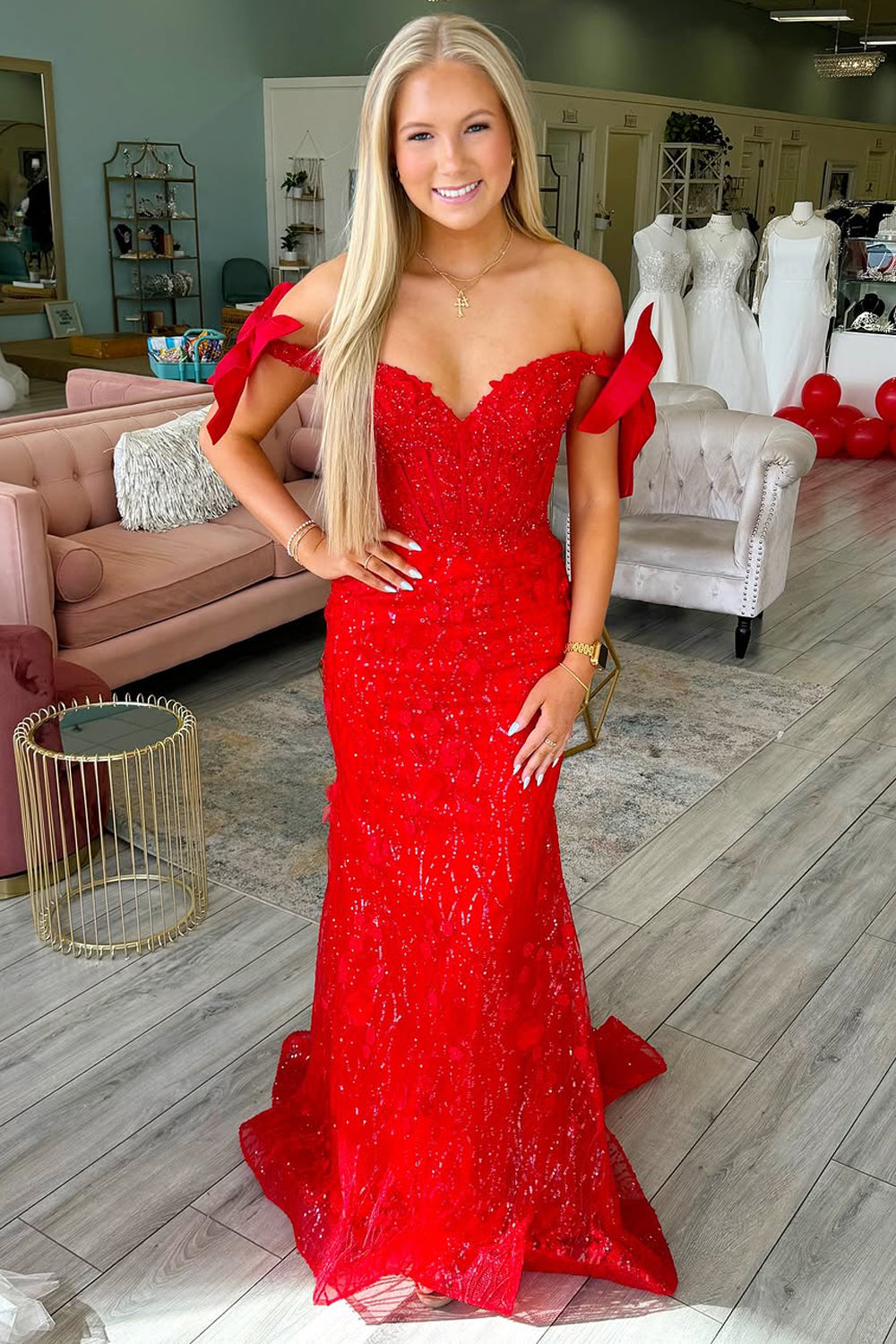 Cute Mermaid Off the Shoulder Red Satin iered Long Prom Dress AB25012501