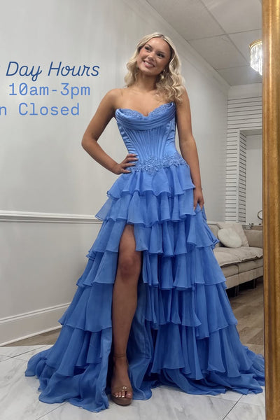 Cute A Line Sweetheart Blue Chiffon Tiered Prom Dress with Appliques AB26012703