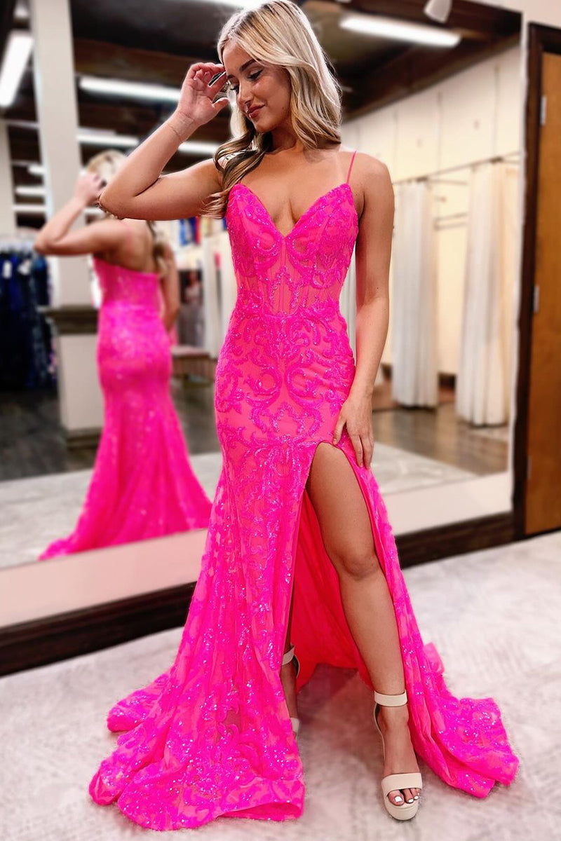 Cute Mermaid V Neck Hot Pink Sequins Long Prom Dress with Slit AB4050406