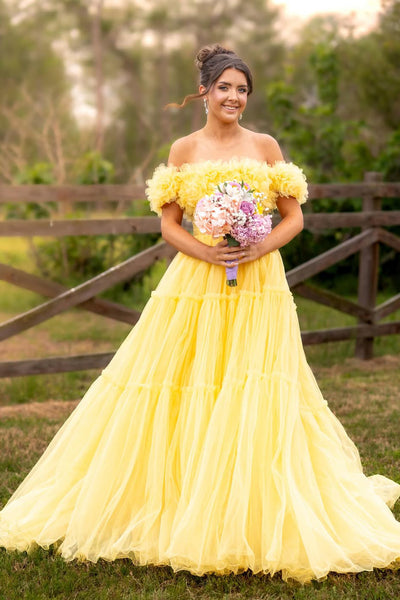 Sweet A Line Off the Shoulder Yellow Tulle Prom Dress Sweet 16 Dresses AB26040507