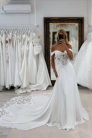 Bohemian A Line Off the Shoulder Chiffon Beach Long Wedding Dress with Appliques AB25101008