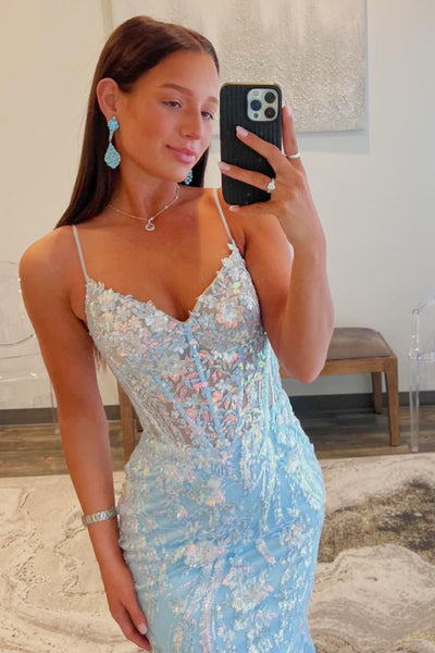 Cute Mermaid V Neck Light Blue Sequins Long Prom Dresses with Slit AB122405