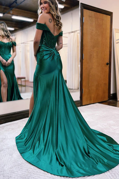 Charming Mermaid Off the Shoulder Dark Green Satin Long Prom Dresses with Lace AB092405