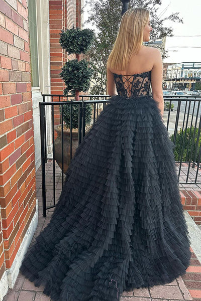 Cute Ball Gown Sweetheart Black Tulle Prom Dresses with Appliques AB111803