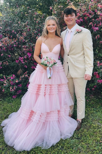 Cute A Line V Neck Light Pink Tulle Prom Dress with Slit AB26041909