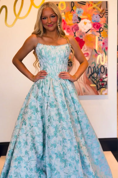 Cute A Line Scoop Neck Jacqaurd Satin Prom Dress with Pearls AB26041702