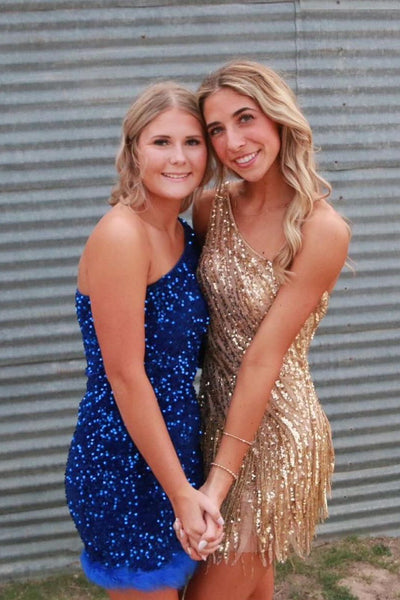 Cute Sheath One Shoulder Gold Sequins Short Homecoming Dresses with Beading AB24100404