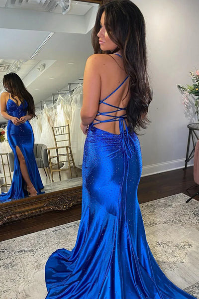 Charming Mermaid V Neck Gold Satin Prom Dress with Hot Stone AB24121409