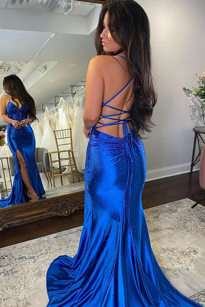 Cute Mermaid V Neck Royal Blue Satin Prom Dress with Beading AB122704