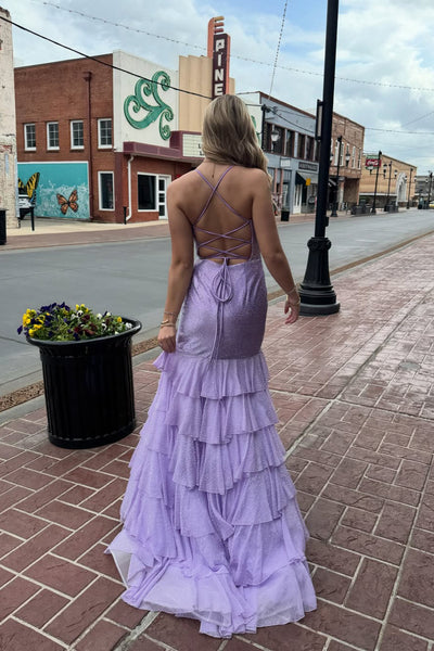Cute Mermaid V Neck Lavender Chiffon Tiered Prom Dress AB26031303