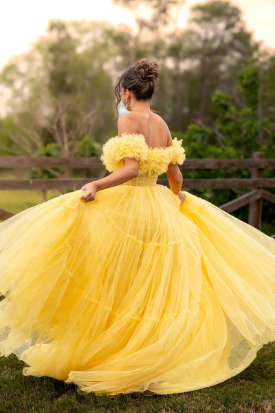 Sweet A Line Off the Shoulder Yellow Tulle Prom Dress Sweet 16 Dresses AB26040507