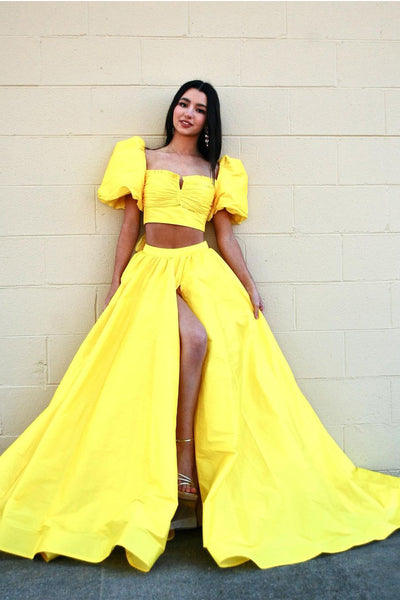 Cute Sweetheart Two Piece Yellow Satin Long Prom Dress AB4051603
