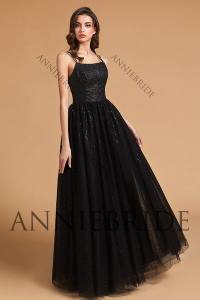 Sparkly A Line Scoop Neck Black Glitter Tulle Long Prom Dresses AB061826