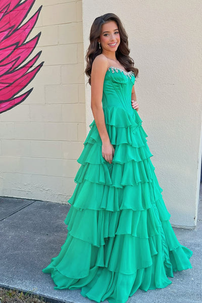 Cute A Line Scoop Neck Green Chiffon Tiered Prom Dress with Beading AB25112705