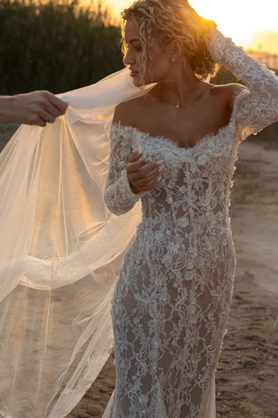 Bohemian Mermaid Off-Shoulder Lace Wedding Dress with Sleeves AB26061411