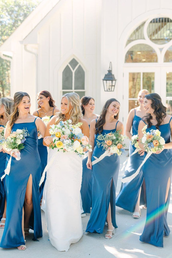 Blue Silk Satin Spaghetti Straps Mermaid Bridesmaid Dress with Bow AB4040702 Anniebride Blue Silk Satin Spaghetti Straps Mermaid Bridesmaid Dress with Bow AB4040702 Anniebride