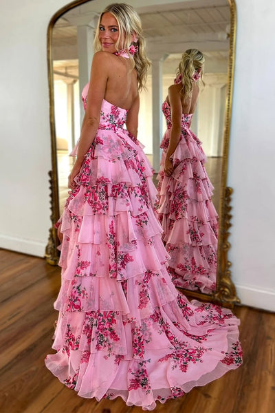 Cute Sheath Halter Floral Printed Chiffon Tiered Prom Dress with Slit AB25010409